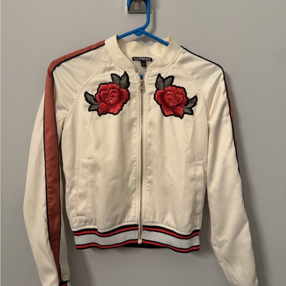 Express Cream Bomber Jacket with Red Rose Patches